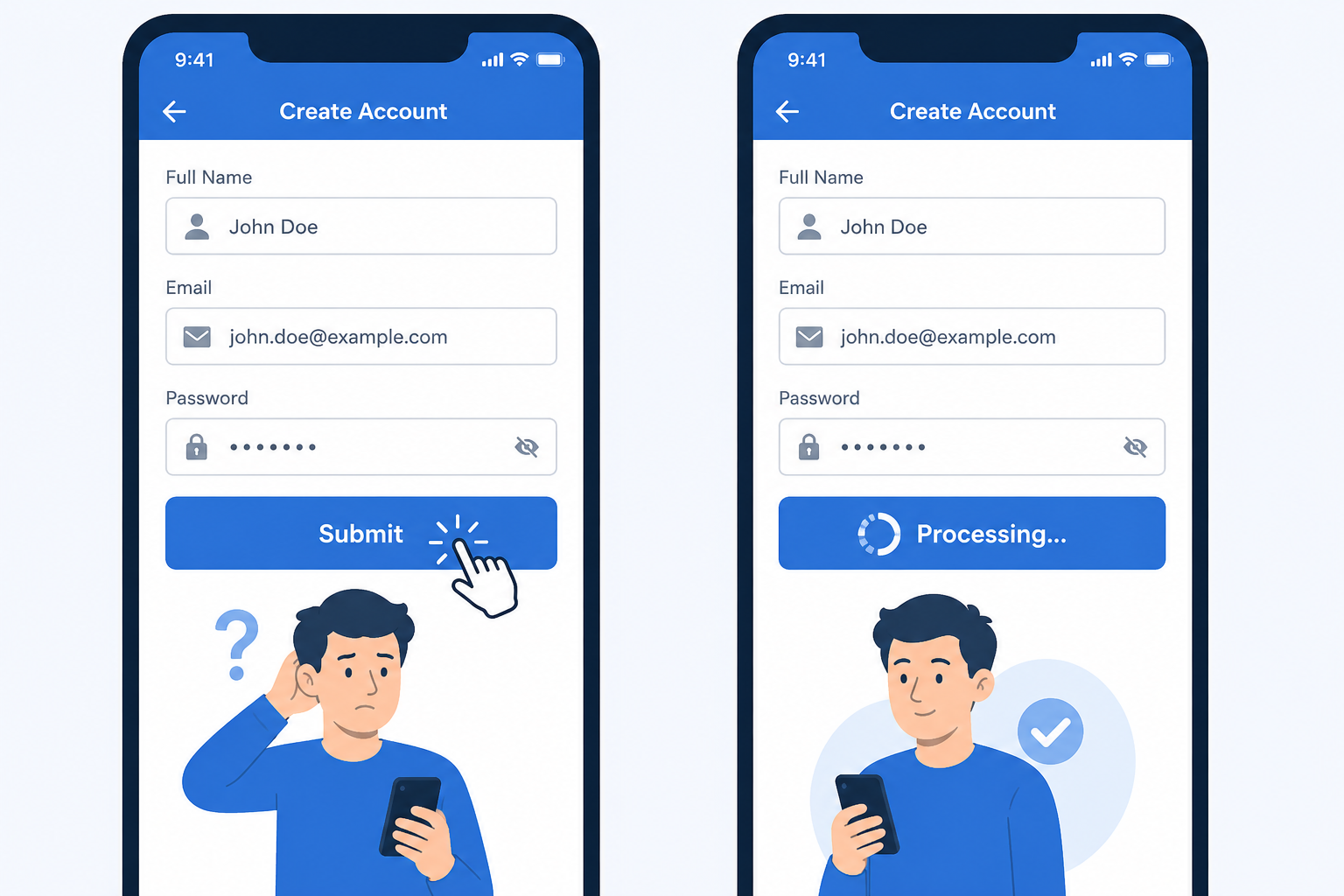 Double submit bug — form submit button with no loading state causing duplicate submissions in startup apps