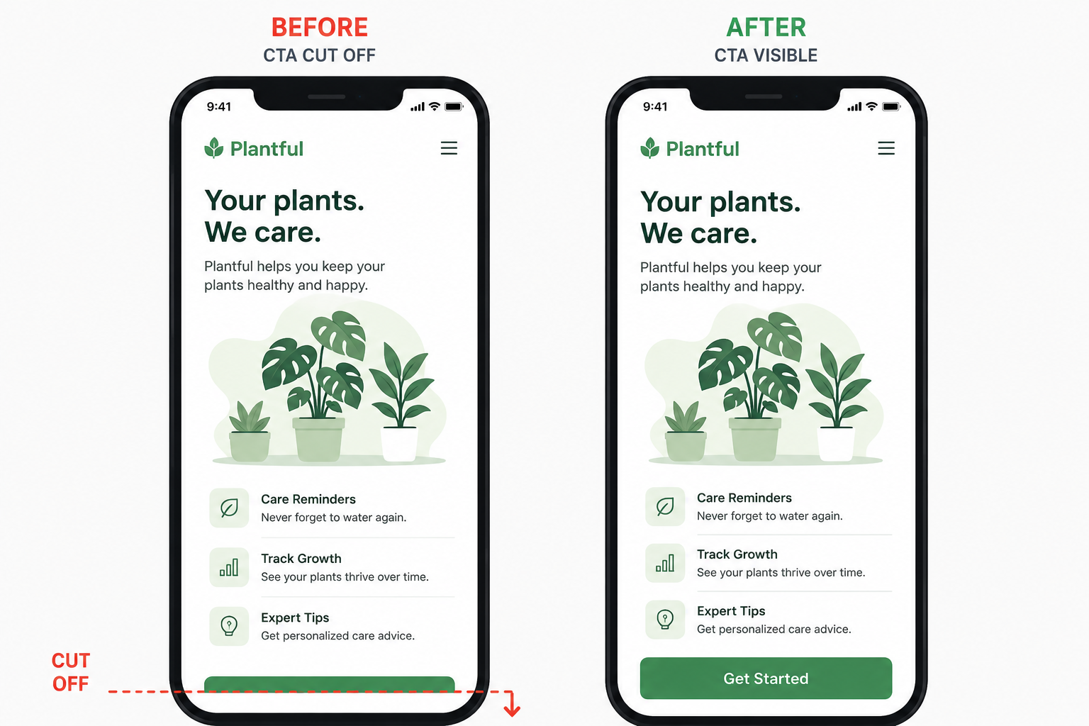 Mobile UX bug — CTA button hidden below the fold on iPhone vs visible above fold, causing lost conversions